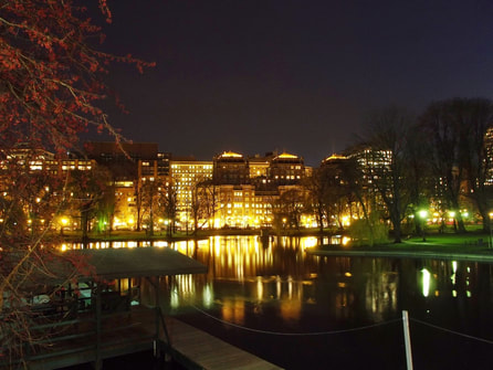 Night shot of buildings and lake with yellow and greenish light tones